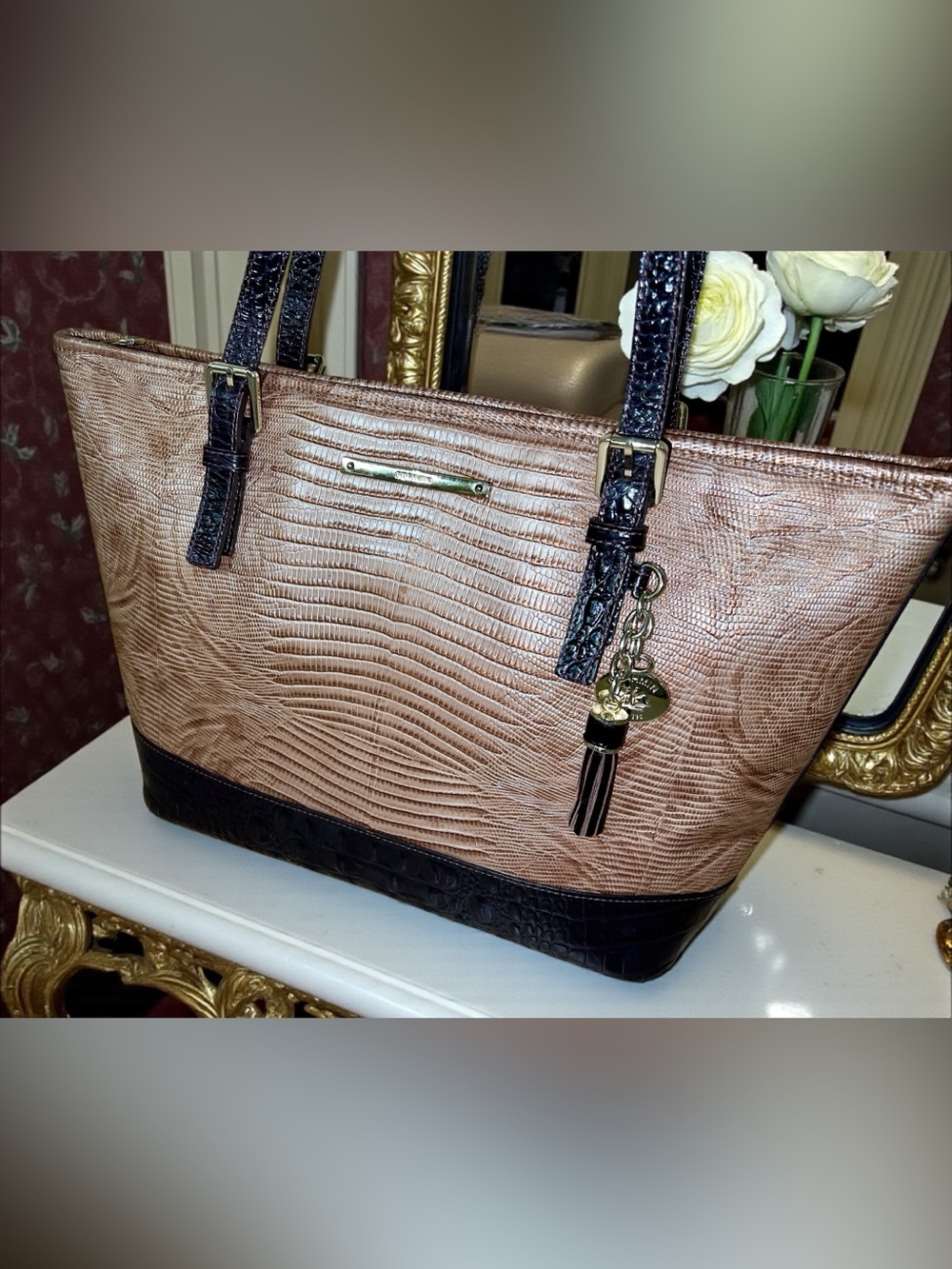 Pristine! Brahmin Leather Medium Asher Shoulder Bag, Gold Brown Croco & Lizard - Picture 3 of 13